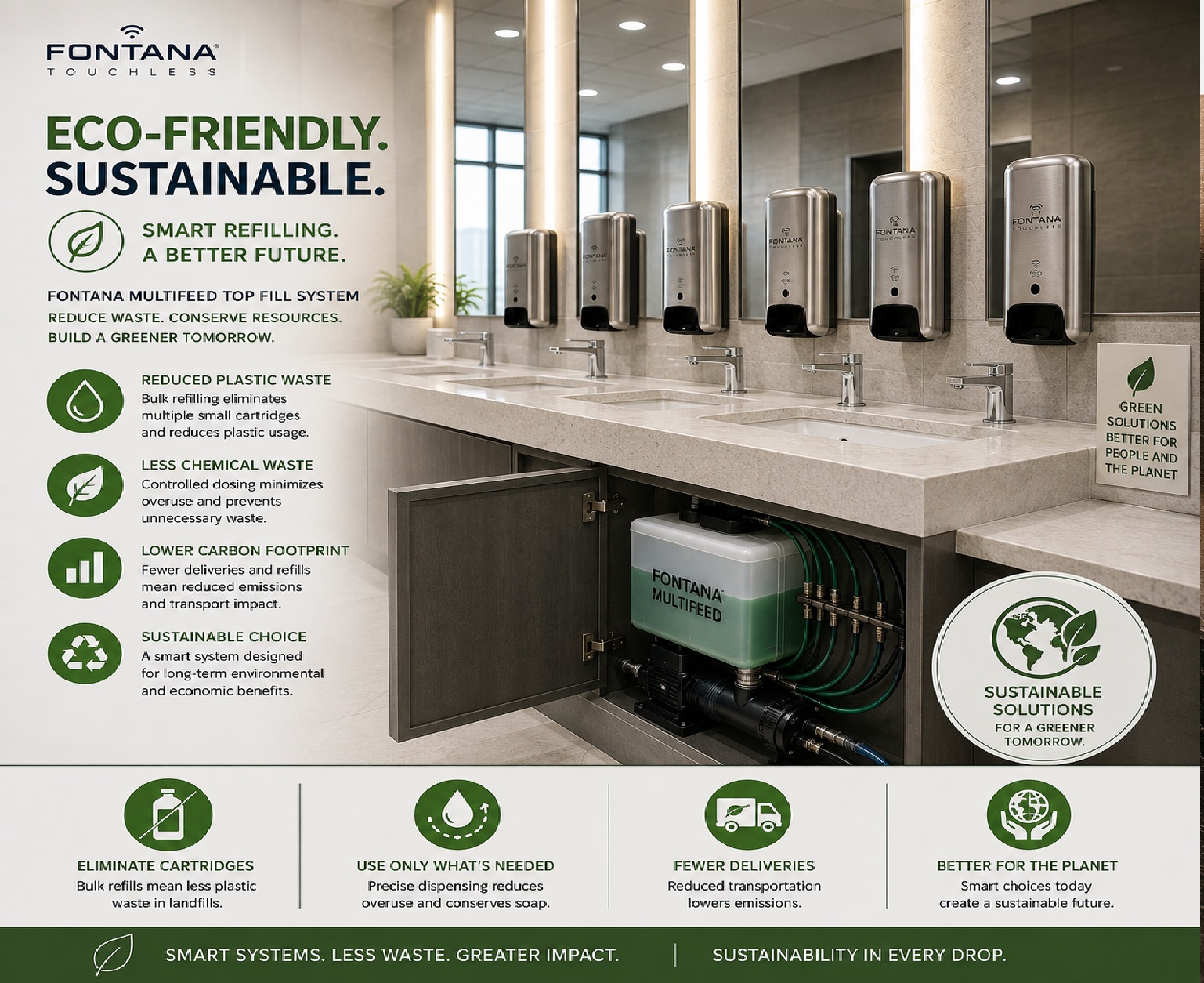 Fontana MultiFeed centralized soap system supporting efficient refilling and reduced servicing waste